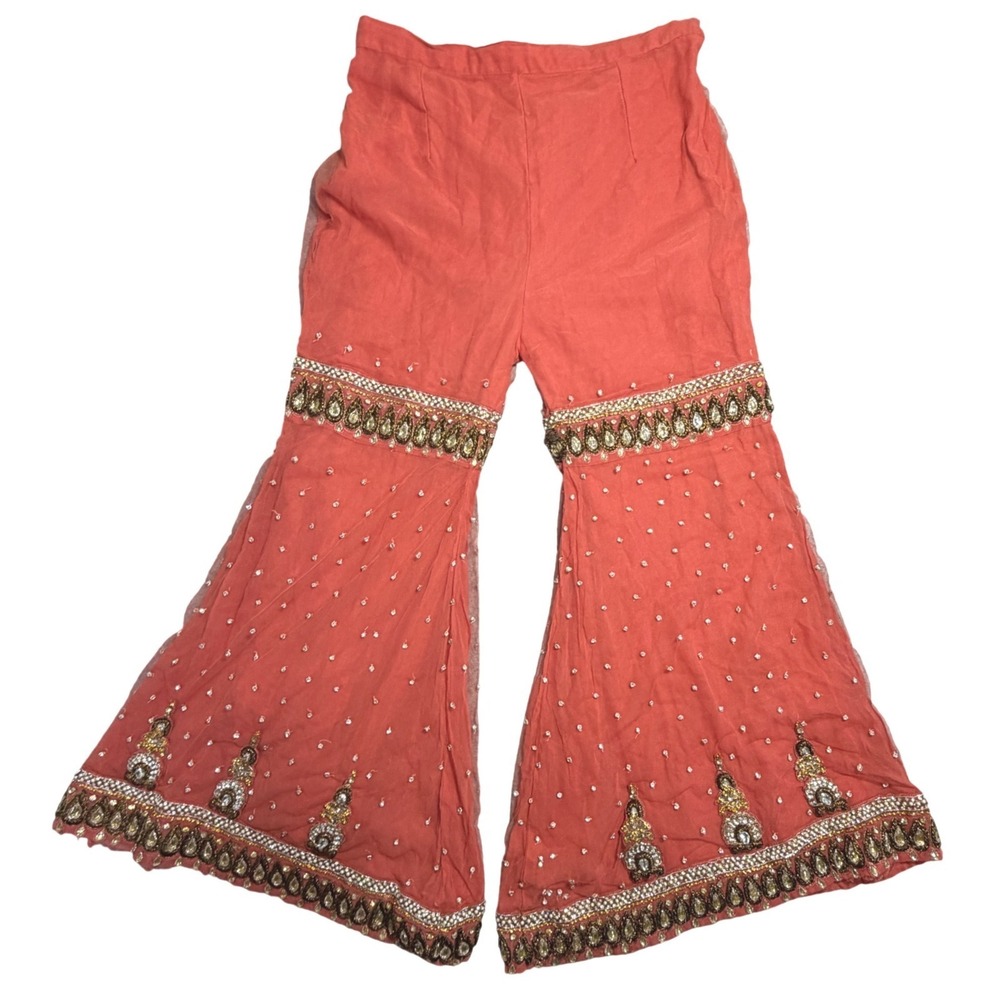 Vintage Indian Sharara Pants Coral Orange Beaded Embroidered Wide Leg Palazzo - Picture 2 of 9
